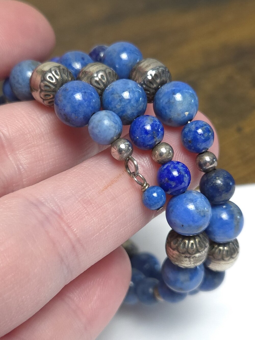 Vintage Lapis Lazuli Stone & Sterling Silver Beaded Wrap Bracelet Carlise CP 925 - Picture 5 of 13